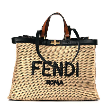 Fendi Raffia Vitello King Macrame Mesh Large Peekaboo X-Tote Natural Black Cuoio 1 of 9