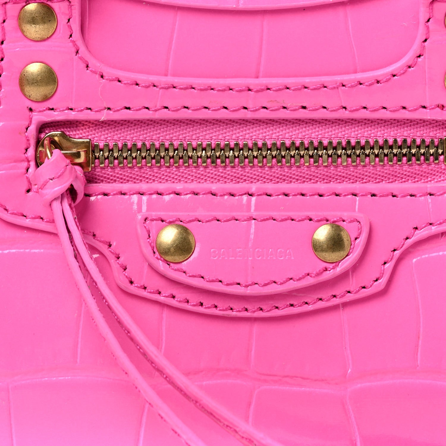 Balenciaga Calfskin Crocodile Embossed Neo Classic Gold Hardware Nano City Crossbody Neon Pink 7 of 22