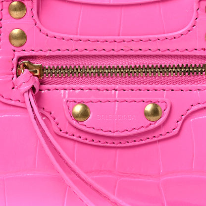 Balenciaga Calfskin Crocodile Embossed Neo Classic Gold Hardware Nano City Crossbody Neon Pink 7 of 22