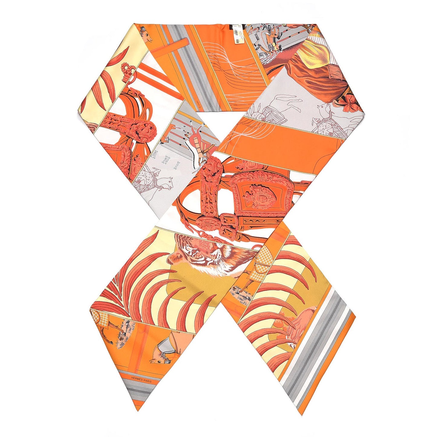 Silk Carre En Carres Maxi Twilly Orange Gris Vieil Or