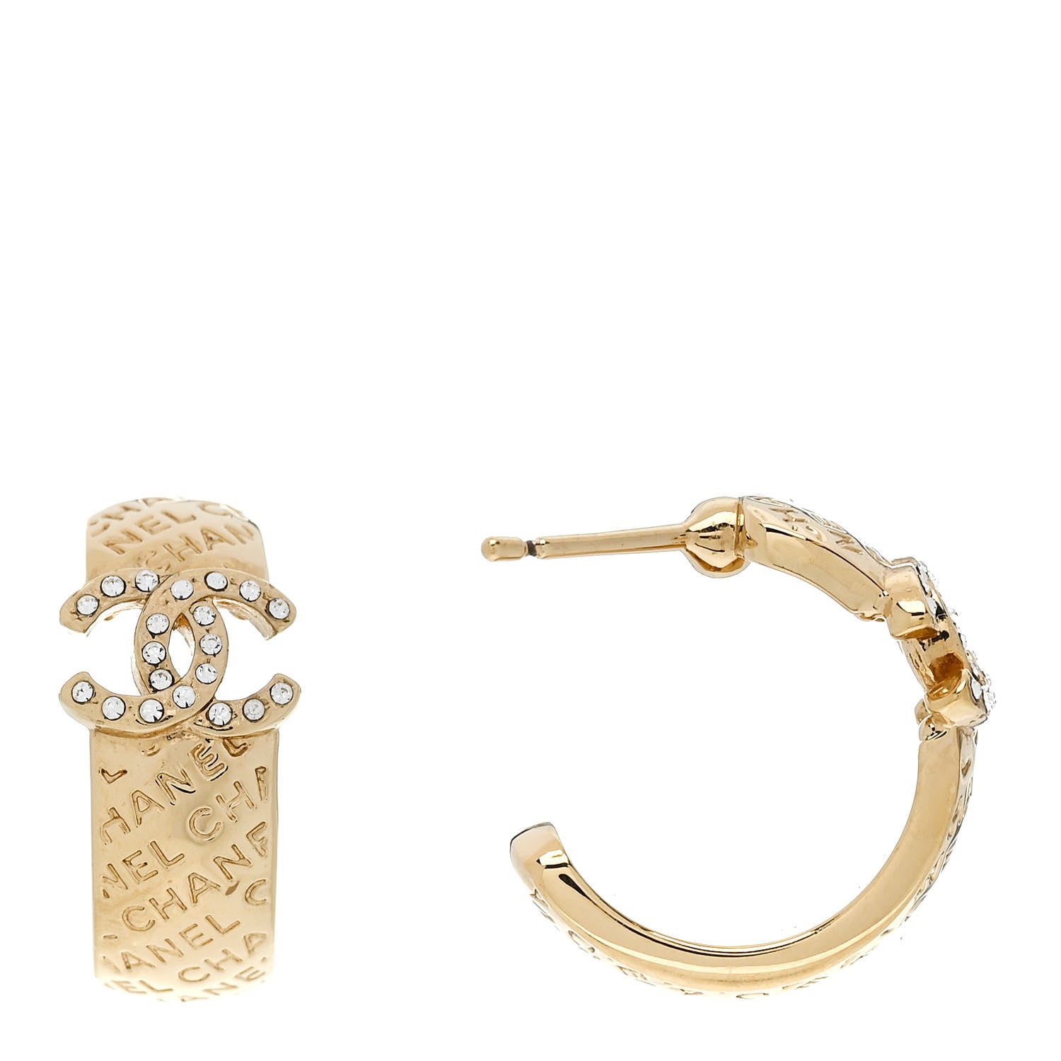 Chanel Metal Crystal CC Logo Hoop Earrings Gold 1 of 5