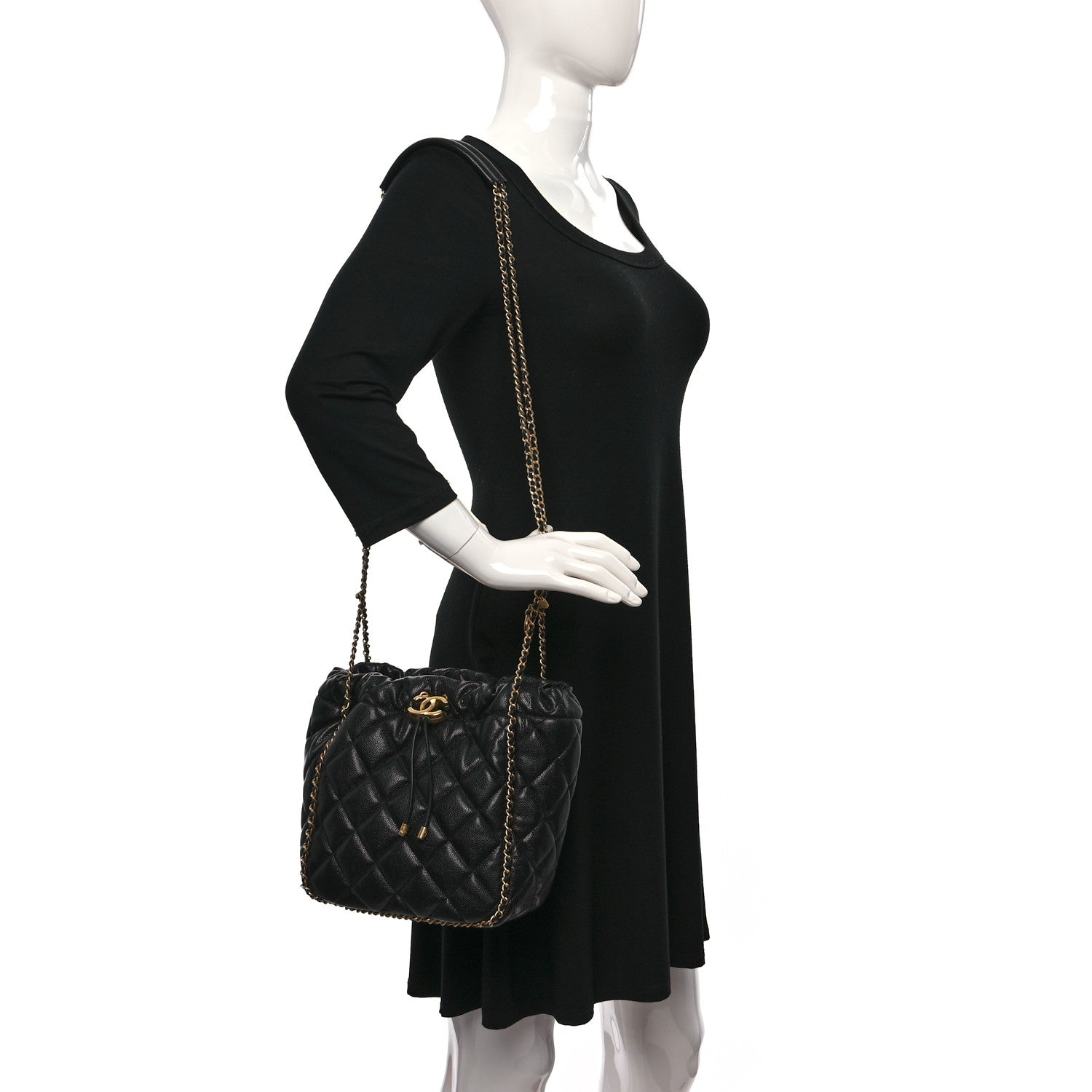 Chanel Caviar Quilted Chain Around Multi Chain Bucket Drawstring Bag Black 2 of 9