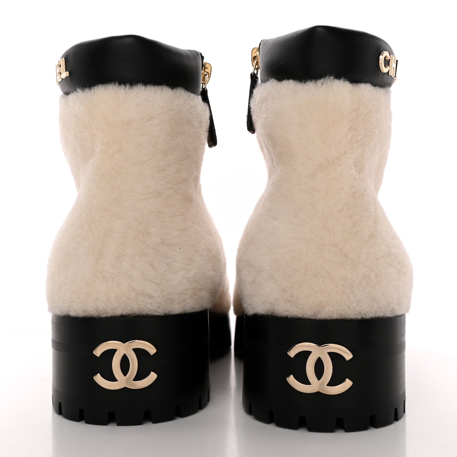Chanel Shearling Lambskin Logo Ankle Boots 37.5 Ivory Black 5 of 11