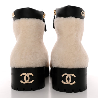 Chanel Shearling Lambskin Logo Ankle Boots 37.5 Ivory Black 5 of 11