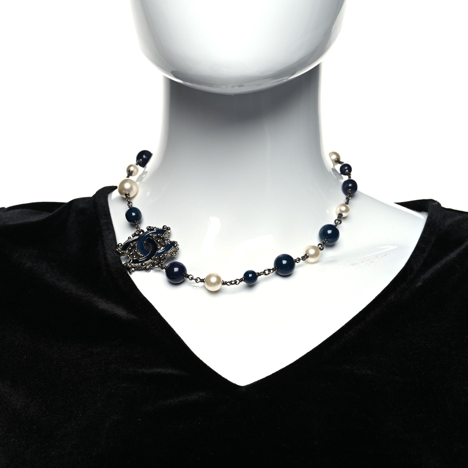 Chanel Pearl Crystal Enamel Beaded CC Necklace Blue Silver 2 of 5