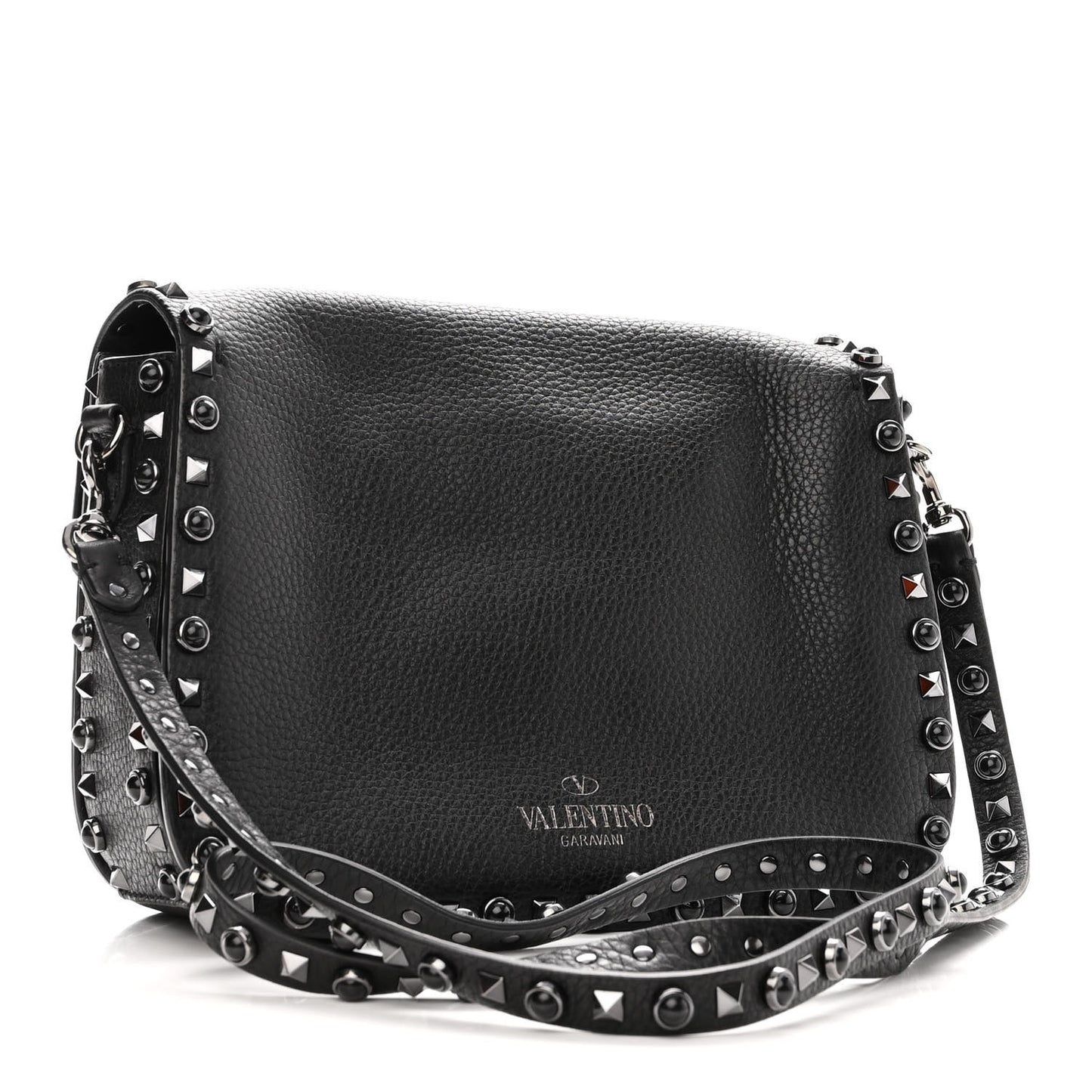 Pebbled Calfskin Onyx Medium Rockstud Rolling Flap Saddle Bag Black