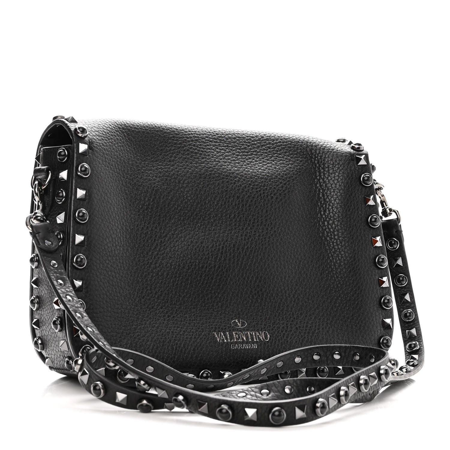 Valentino Garavani Pebbled Calfskin Onyx Medium Rockstud Rolling Flap Saddle Bag Black 3 of 10