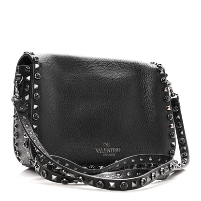 Valentino Garavani Pebbled Calfskin Onyx Medium Rockstud Rolling Flap Saddle Bag Black 3 of 10