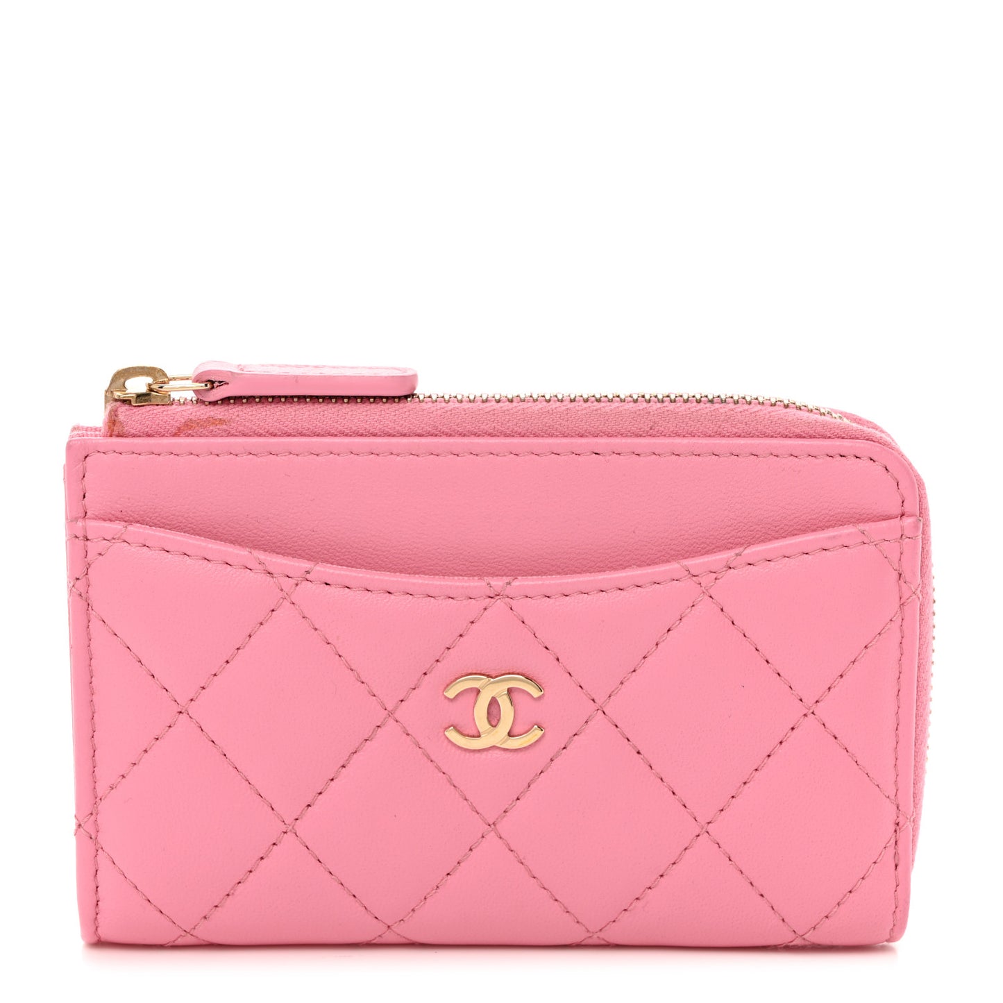 Lambskin Quilted CC Zip Around Card Holder Pink
