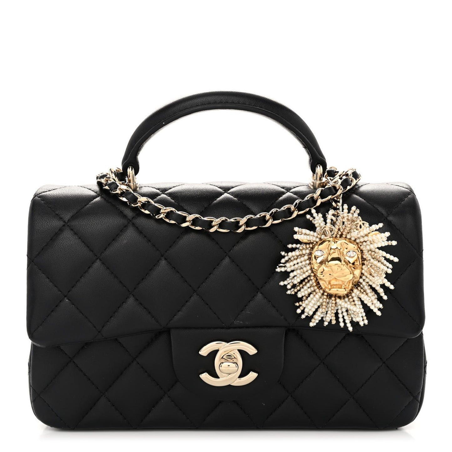 Lambskin Pearl Crystal Quilted Mini CC Lion Charm Top Handle Rectangular Flap Black