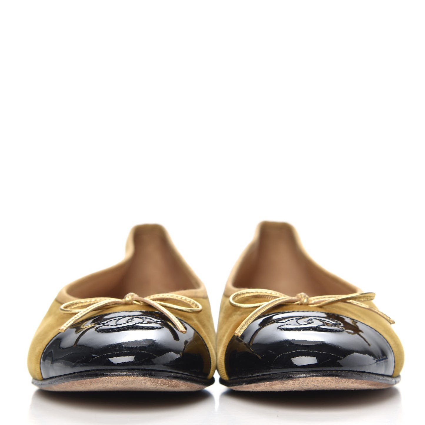 Velvet Patent Calfskin Cap Toe Ballerina Flats 37.5 Gold Black