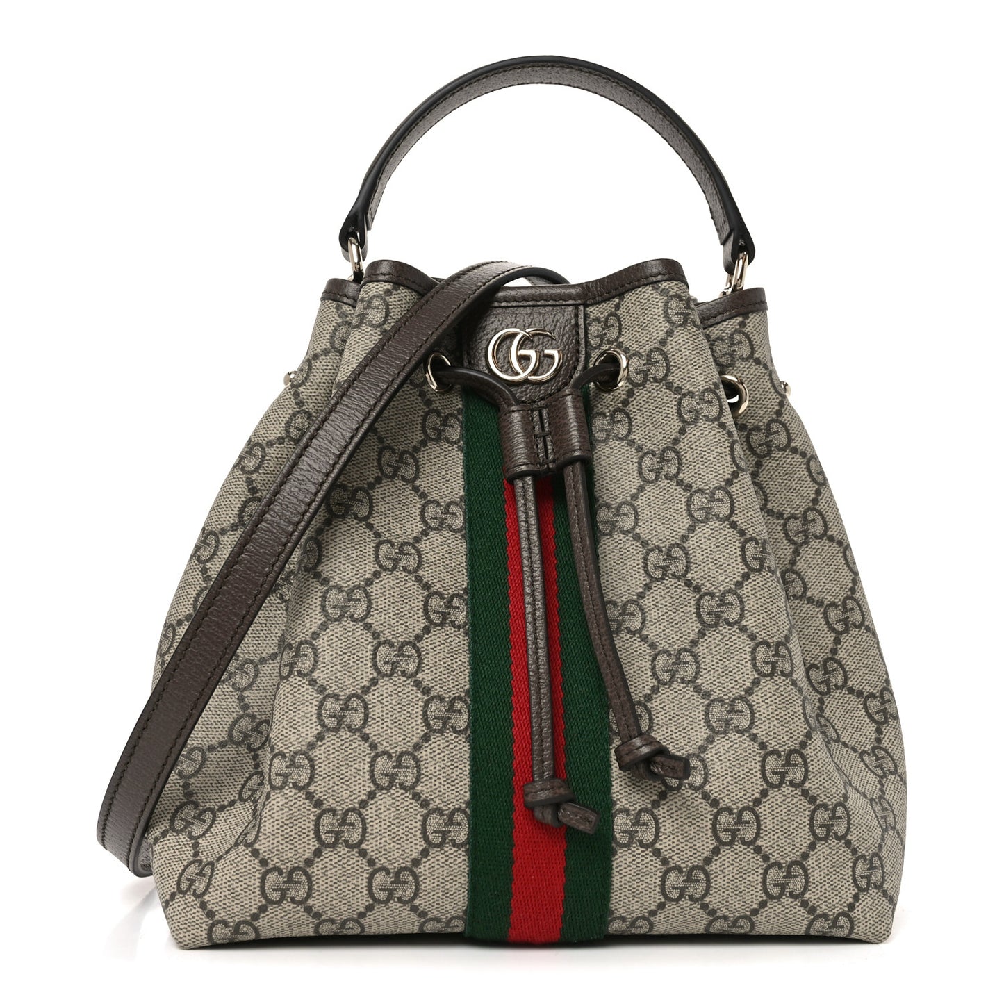 GG Supreme Monogram Web Small Ophidia Top Handle Bucket Bag Brown