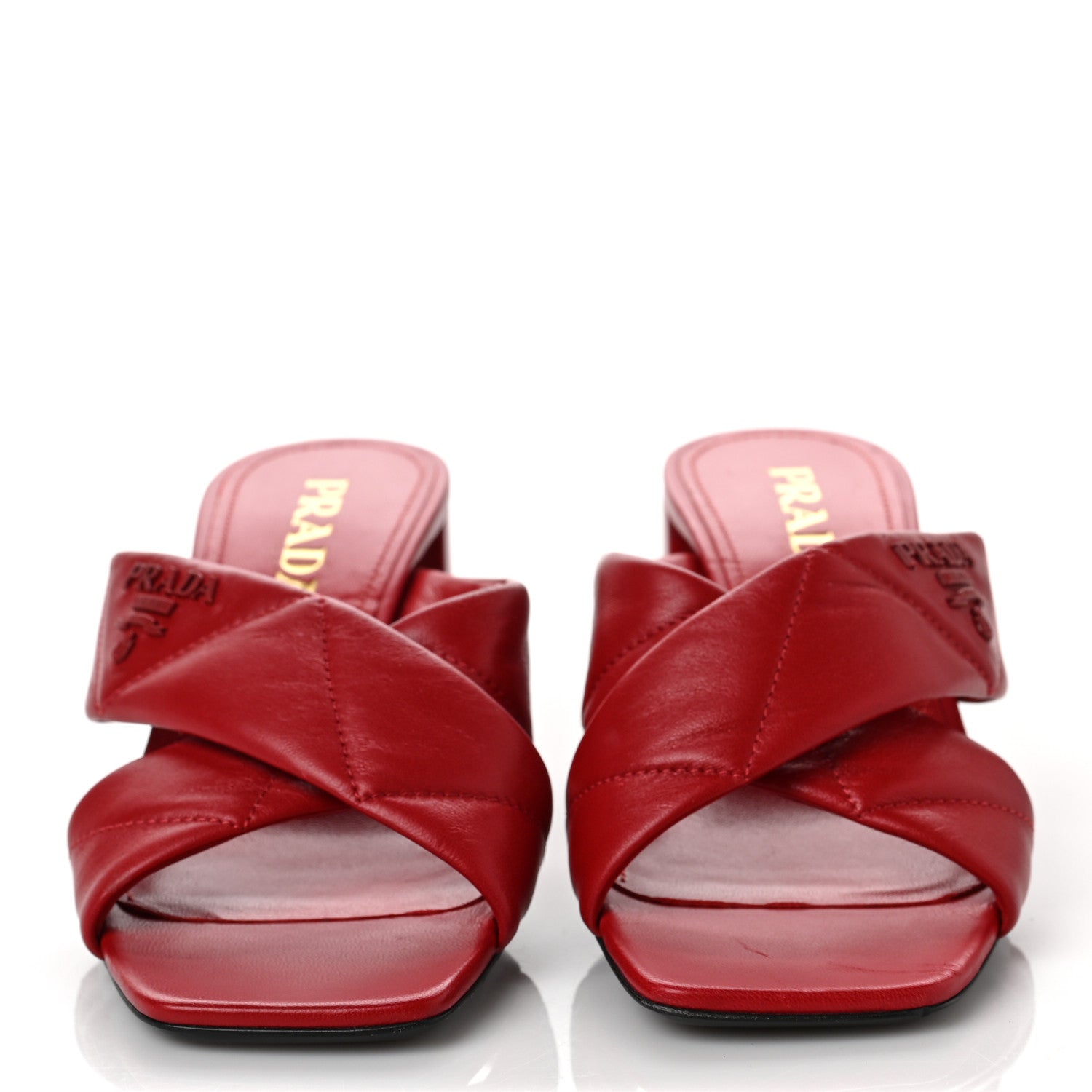 Prada Nappa Logo Quilted Crisscross 65mm Block Heel Slide Sandals 37 Red 2 of 8