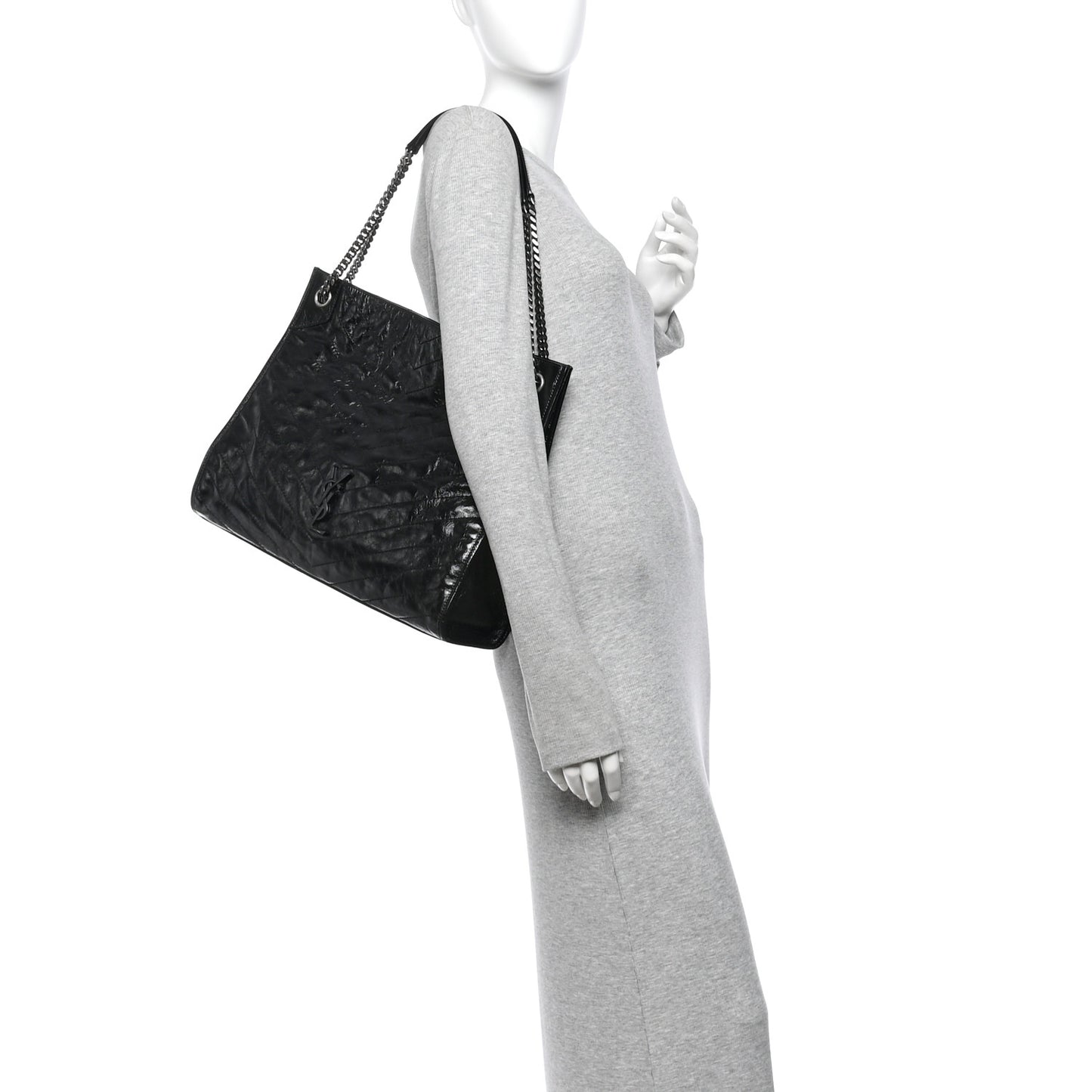 Crinkled Calfskin Matelasse Monogram Large Niki Shopper Tote Black