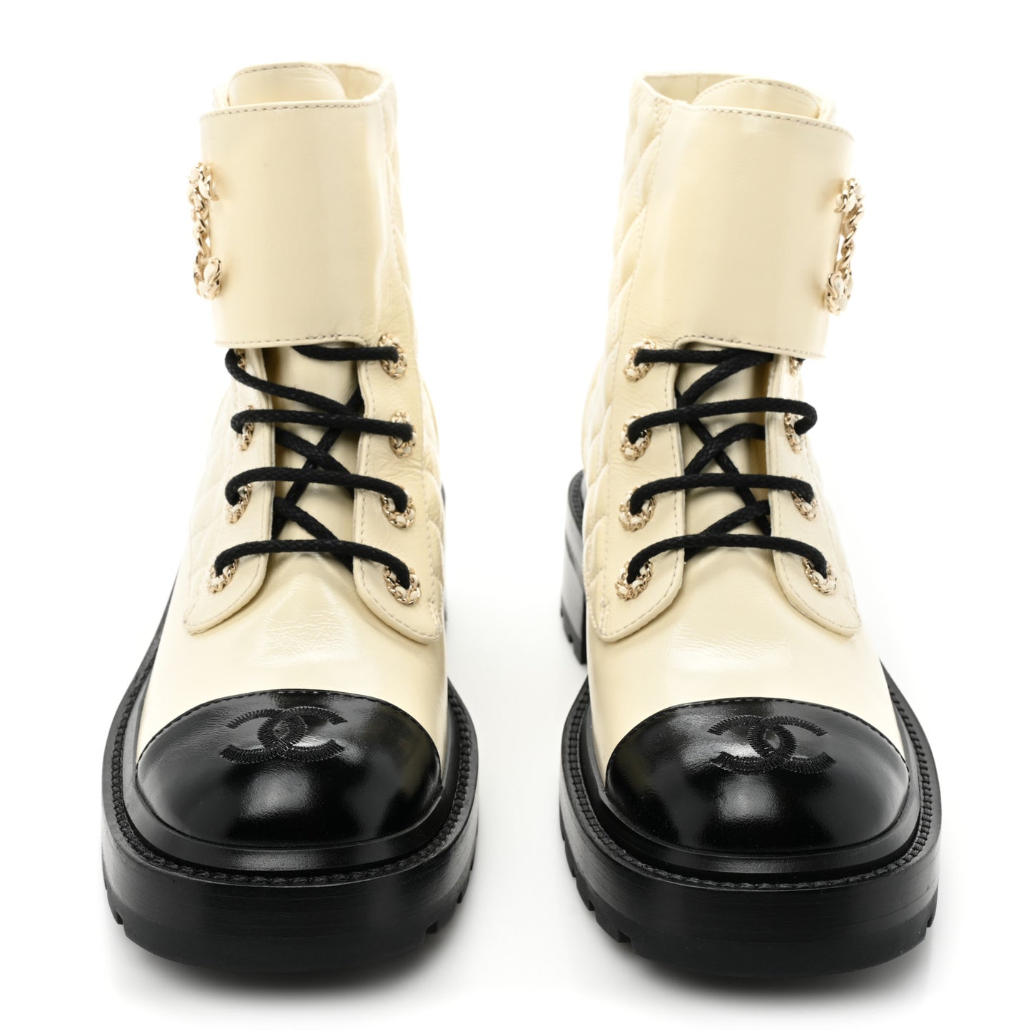 Shiny Goatskin Calfskin Quilted Lace Up Combat Boots 39 Ivory Black