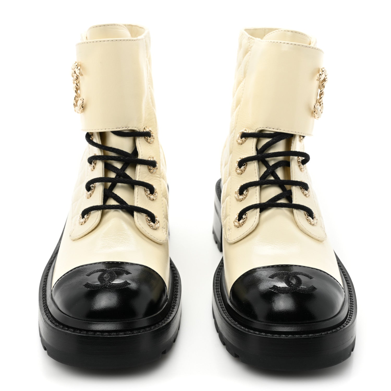 Chanel Shiny Goatskin Calfskin Quilted Lace Up Combat Boots 39 Ivory Black 2 of 9