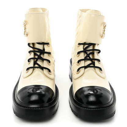 Chanel Shiny Goatskin Calfskin Quilted Lace Up Combat Boots 39 Ivory Black 2 of 9