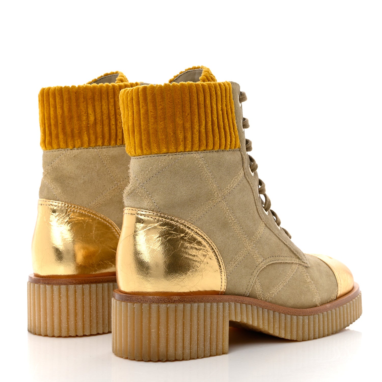Chanel Suede Calfskin Velvet Laminated Quilted CC Combat Boots 37.5 Beige Yellow Gold 4 of 9