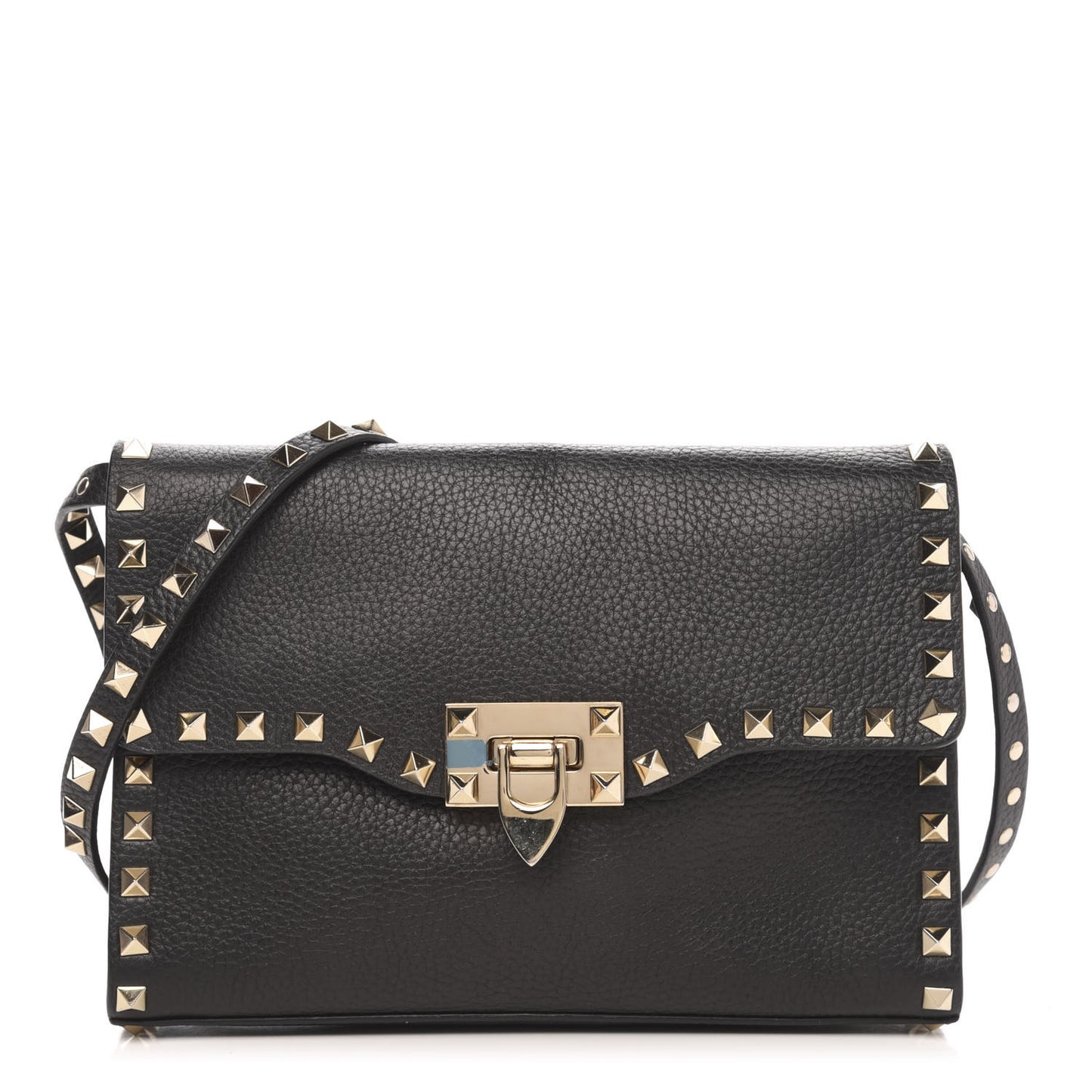 Pebbled Calfskin Medium Rockstud Flip Lock Crossbody Bag Black