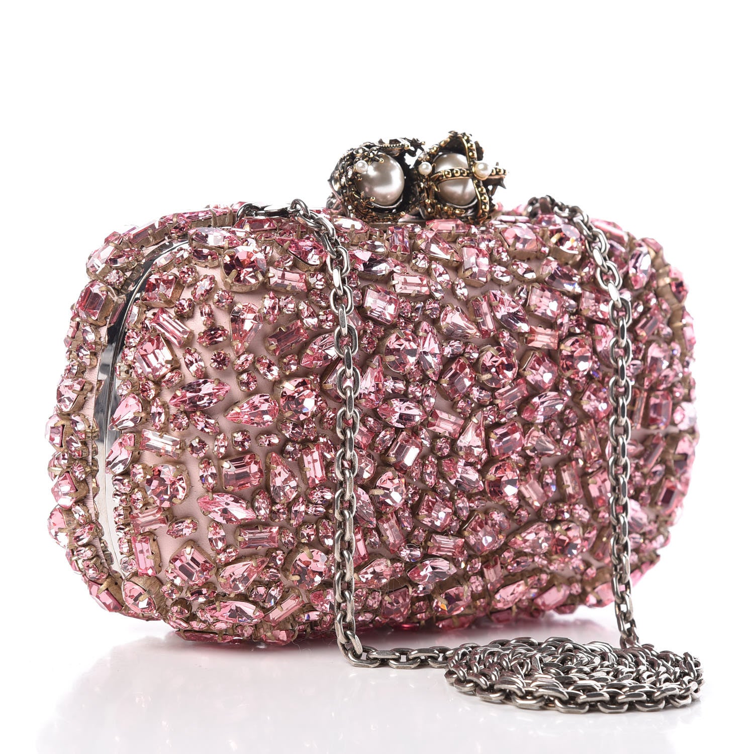 Alexander McQueen Crystal Nappa Queen and King Skull Box Chain Clutch Pink 3 of 9