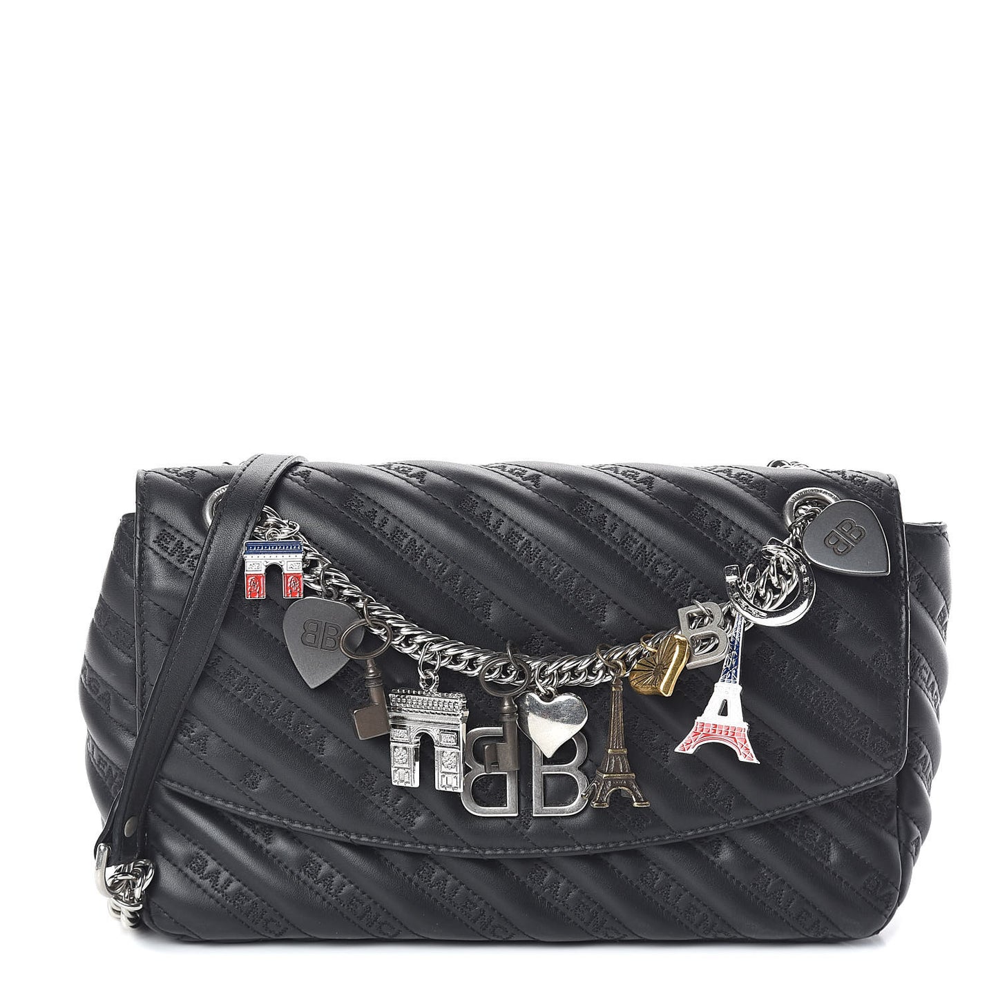 Calfskin Charms Logo Matelasse M BB Round Shoulder Bag Black