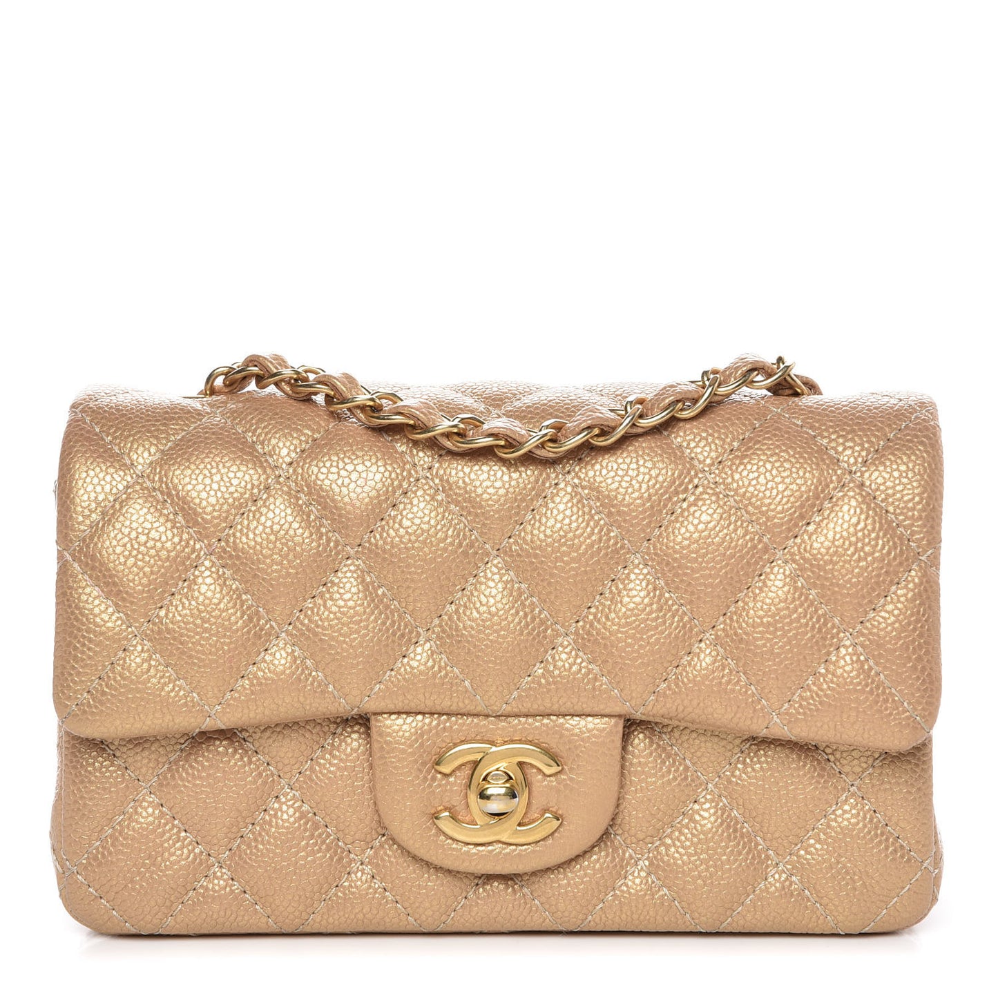 Pearly Caviar Quilted Mini Rectangular Flap Gold