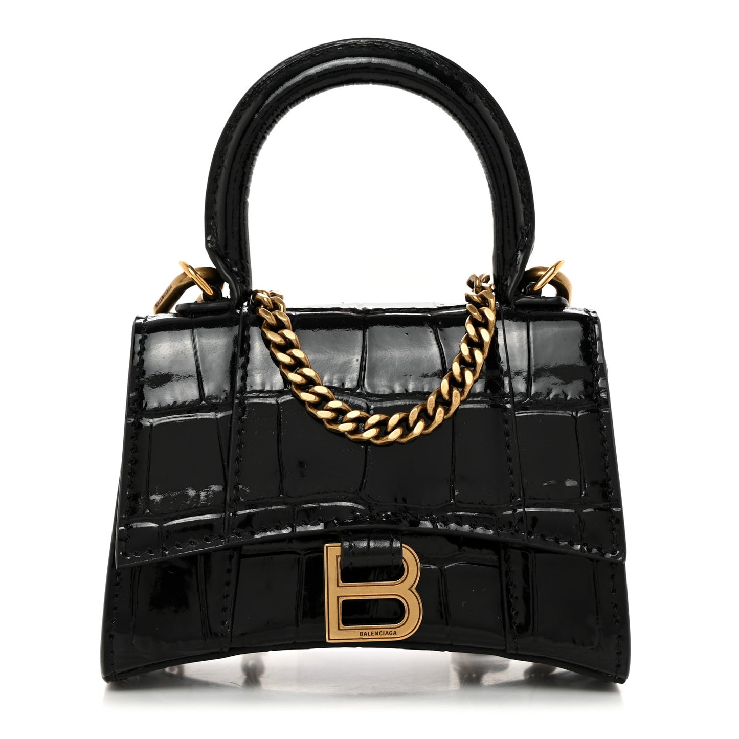 Shiny Calfskin Crocodile Embossed Hourglass Top Handle Bag Mini with Chain Black