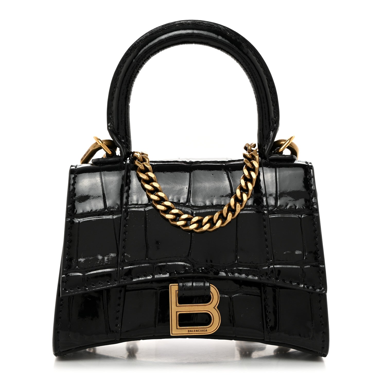 Balenciaga Shiny Calfskin Crocodile Embossed Hourglass Top Handle Bag Mini with Chain Black 1 of 10