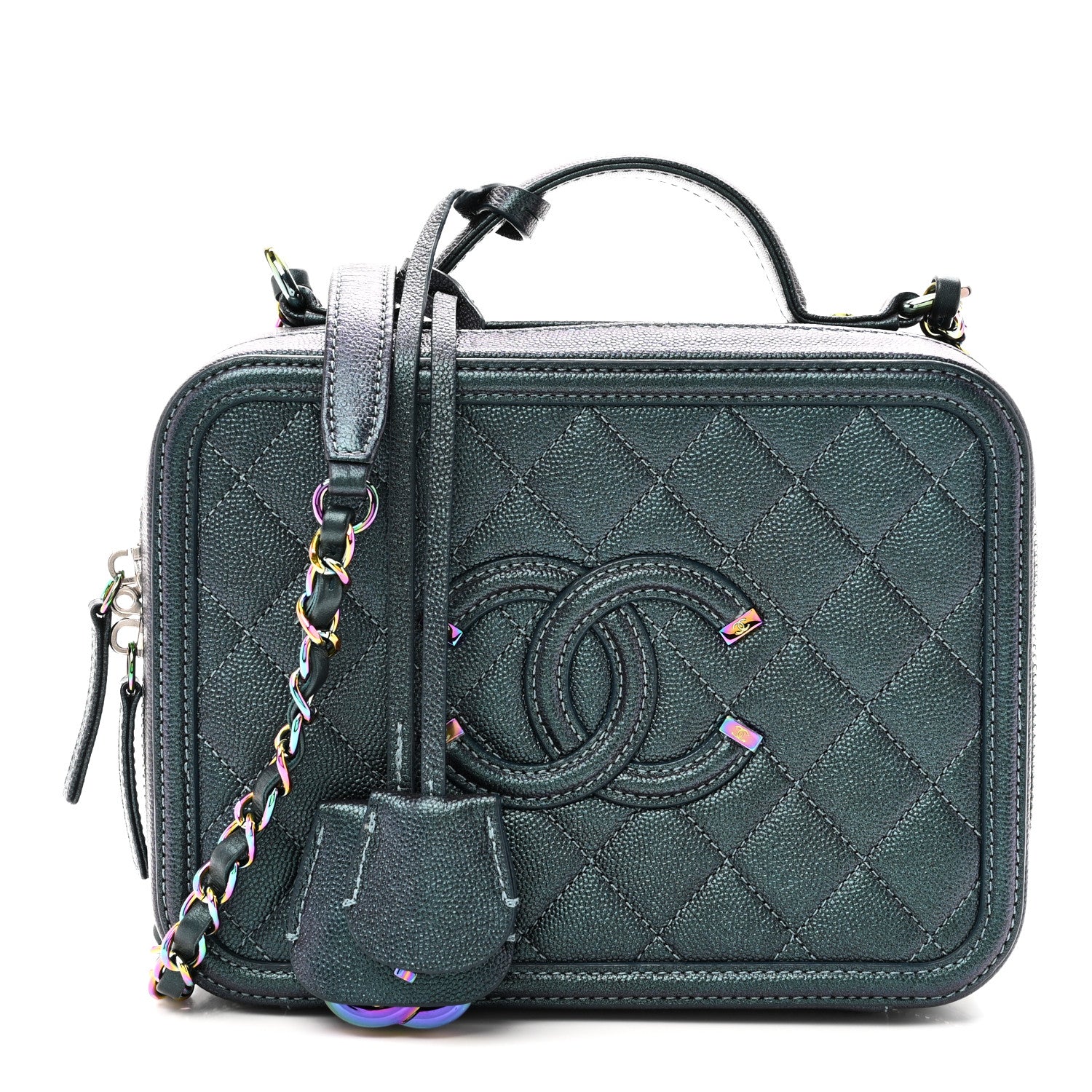 Chanel Iridescent Caviar Quilted Medium CC Filigree Vanity Case Dark Turquoise 1 of 11