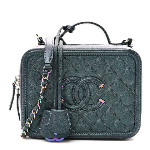 Iridescent Caviar Quilted Medium CC Filigree Vanity Case Dark Turquoise