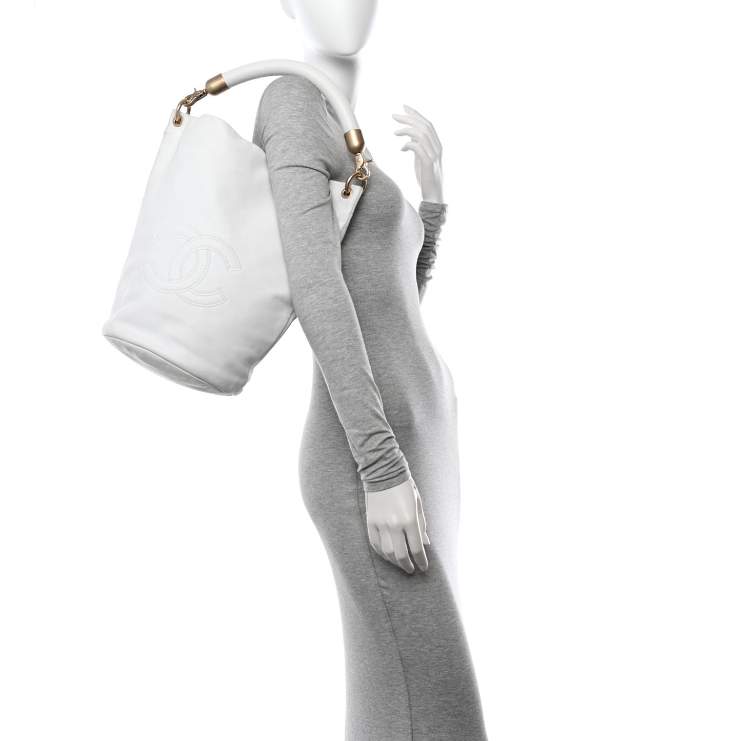 Calfskin CC Bucket Hobo White