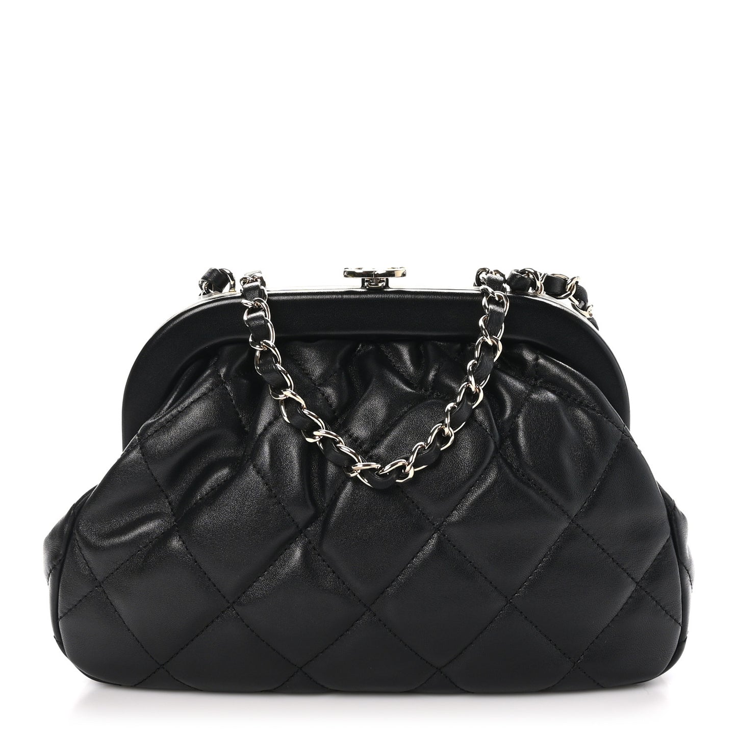 Lambskin Quilted CC Kisslock Clutch Black