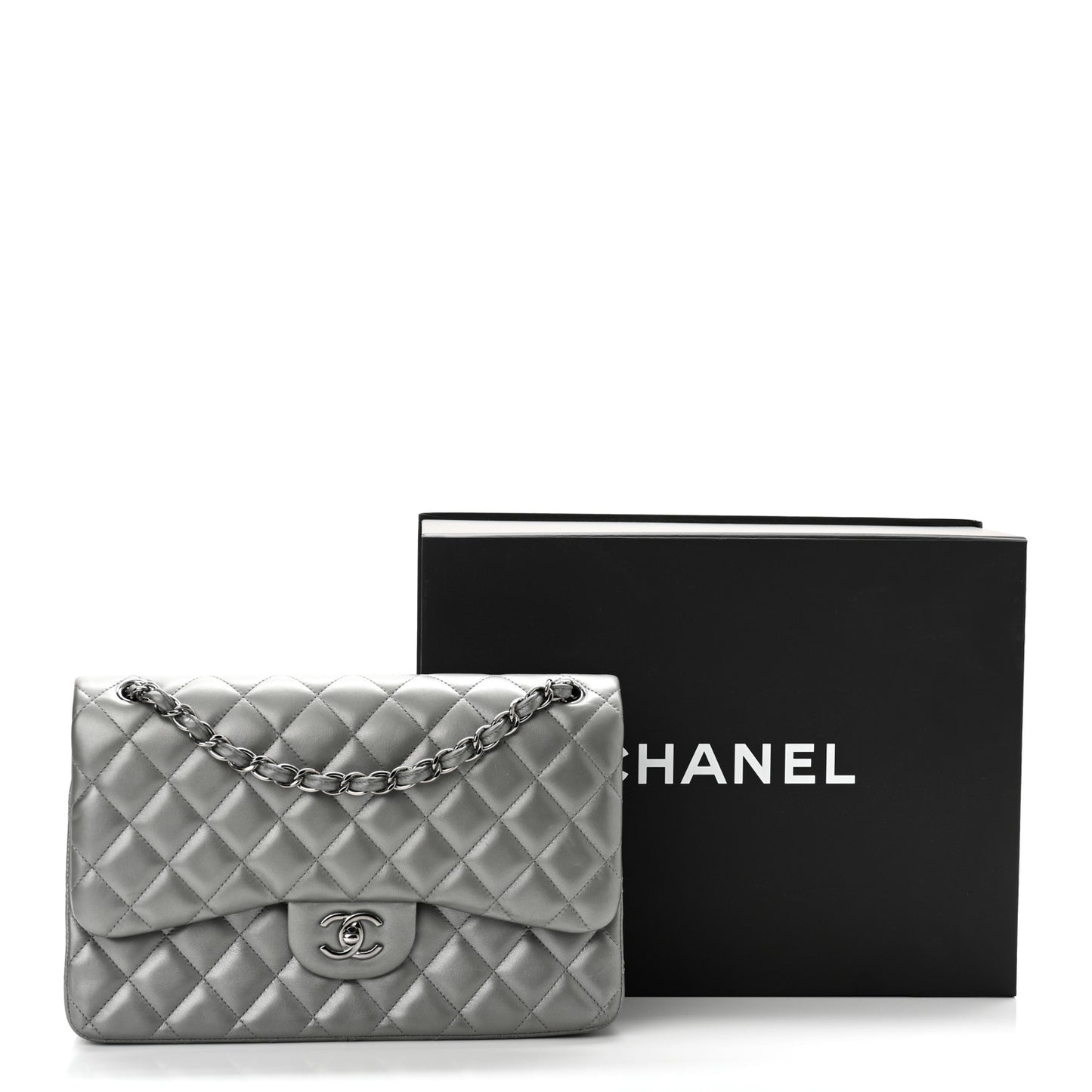 Metallic Calfskin Quilted Jumbo Double Flap Silver