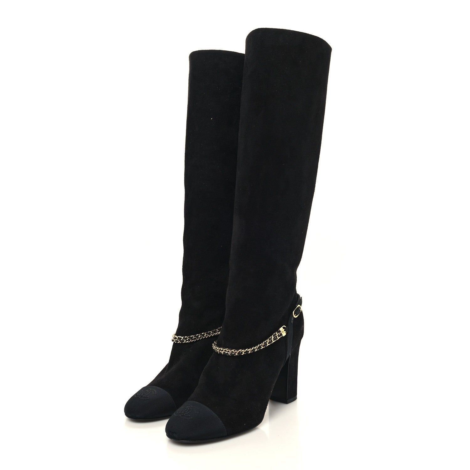 Chanel Suede Grosgrain Cap Toe Chain Boots 36.5 Black 3 of 7