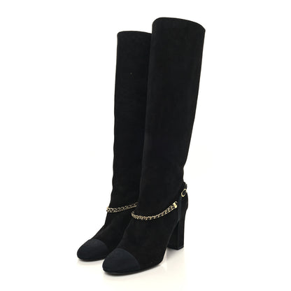 Chanel Suede Grosgrain Cap Toe Chain Boots 36.5 Black 3 of 7