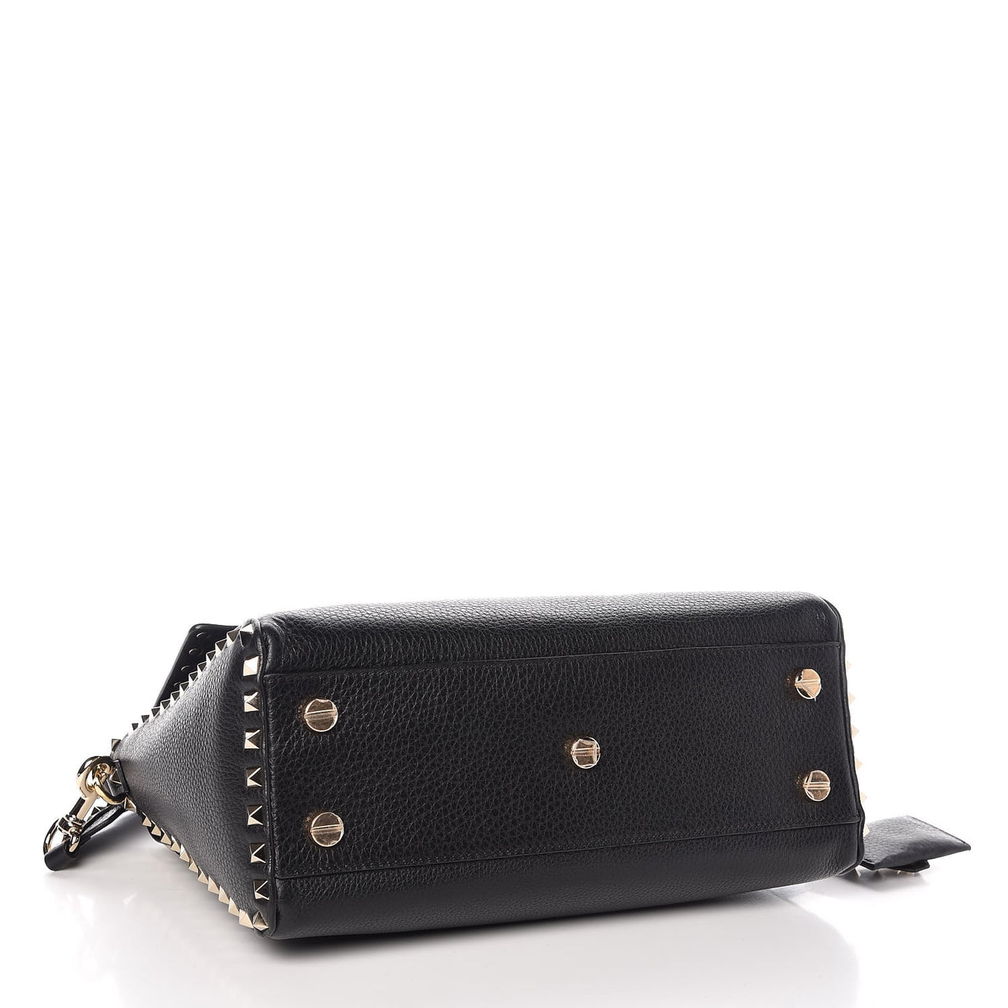 Pebbled Calfskin Rockstud Top Handle Shoulder Bag Black