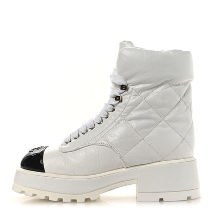 Chanel Crumpled Patent Lambskin Calfskin Quilted Lace Up Combat Boots 37 White Black 1 of 10