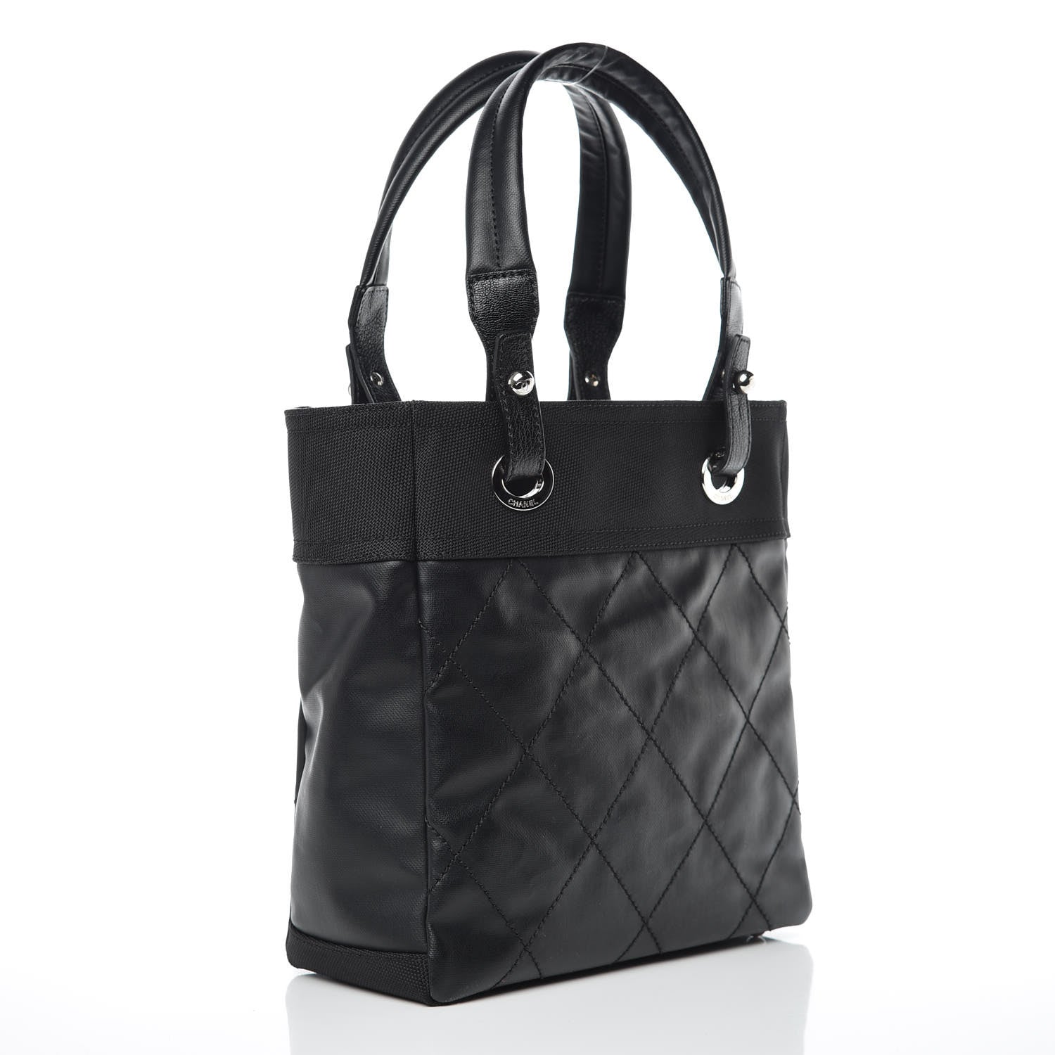 Chanel Coated Canvas Quilted Small Paris Biarritz Tote Black 3 of 9