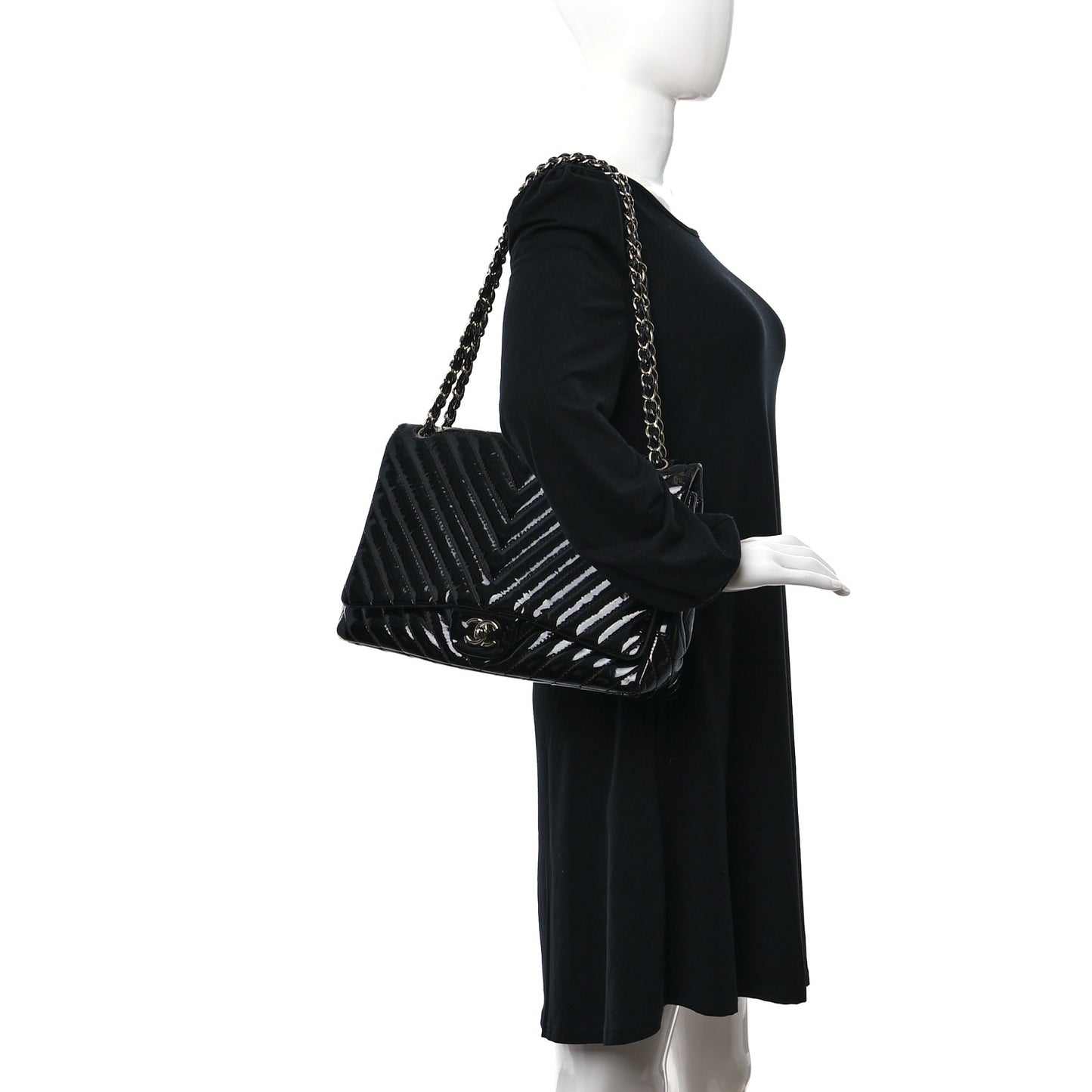 Patent Chevron Quilted Maxi Single Flap Black