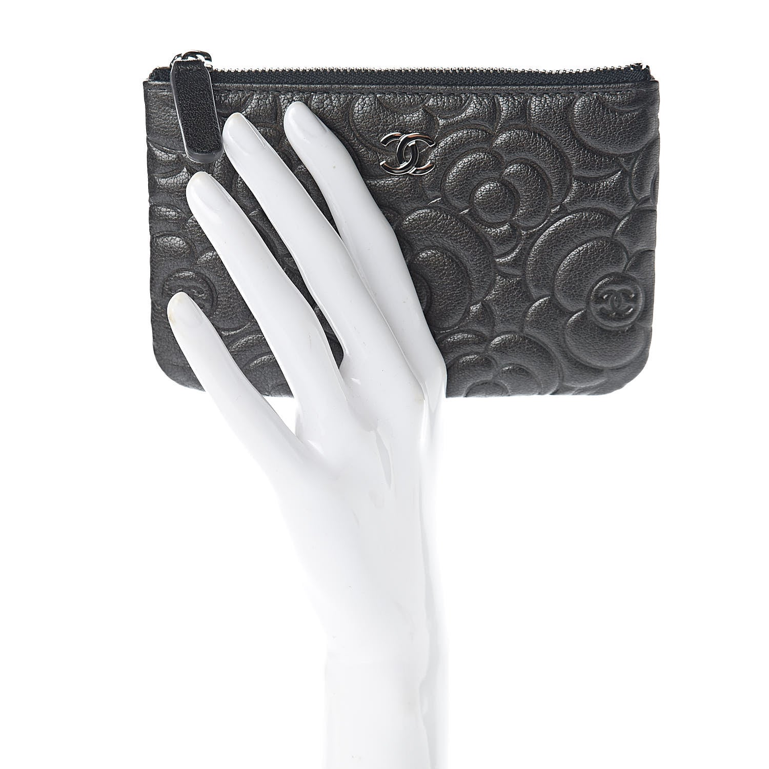 Chanel Goatskin Camellia Embossed Cosmetic Pouch Anthracite 2 of 8