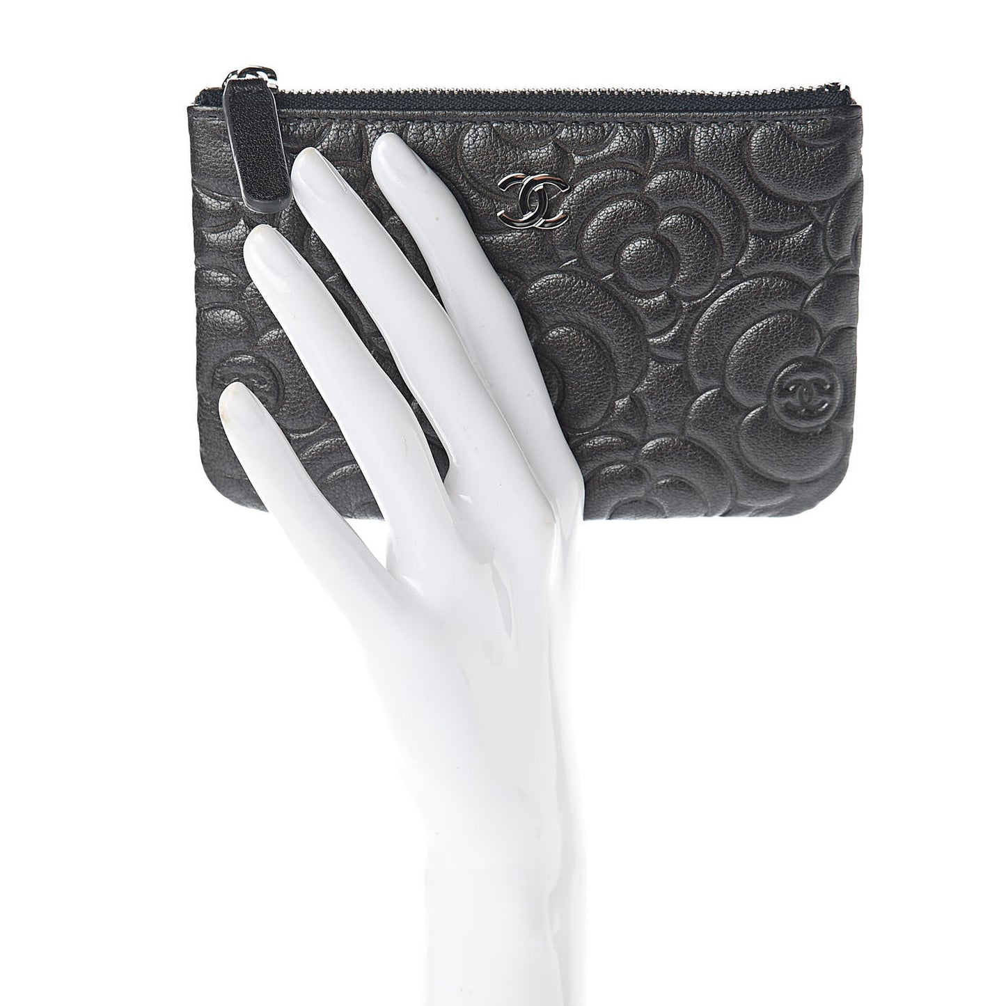 Goatskin Camellia Embossed Cosmetic Pouch Anthracite