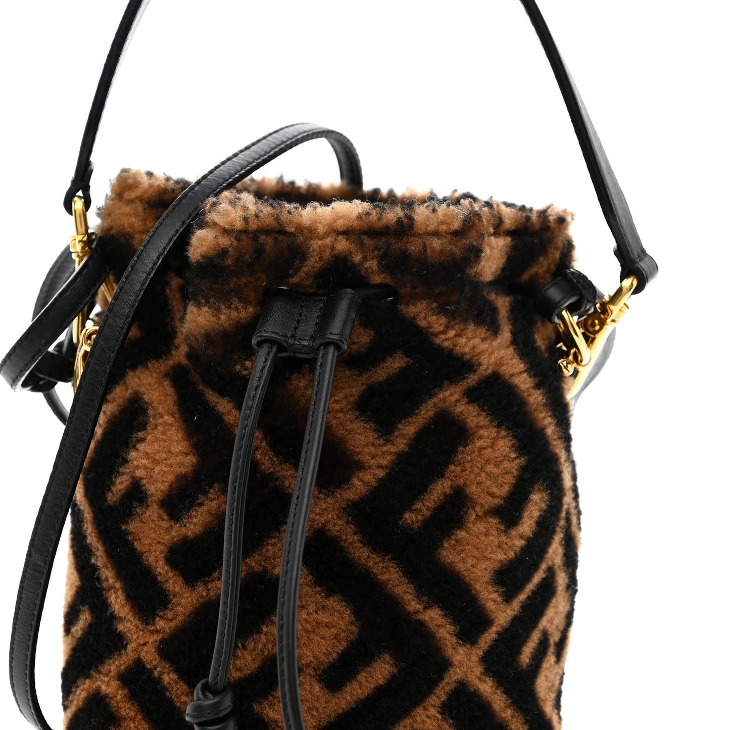 Shearling Vitello Dolce F is Fendi Macro FF 1974 Mini Mon Tresor Bucket Bag Tobacco Black