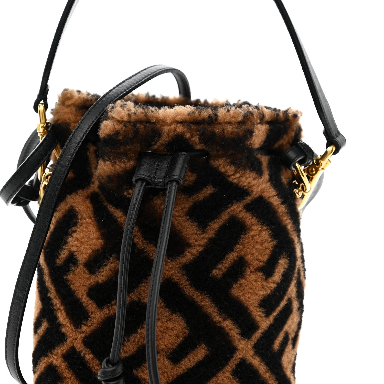 Fendi Shearling Vitello Dolce F is Fendi Macro FF 1974 Mini Mon Tresor Bucket Bag Tobacco Black 5 of 11