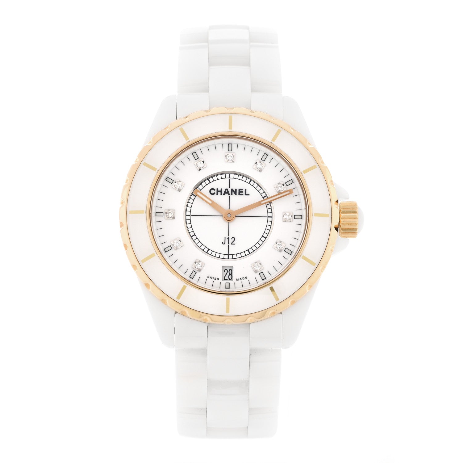Chanel Stainless Steel 18K Beige Gold Ceramic Diamond 33mm J12 Quartz Watch White 1 of 4