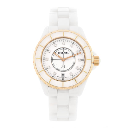 Chanel Stainless Steel 18K Beige Gold Ceramic Diamond 33mm J12 Quartz Watch White 1 of 4