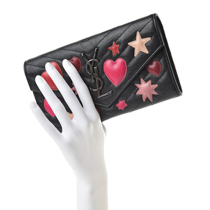 Saint Laurent Calfskin Matelasse Chevron Heart Patchwork Monogram Wallet Black 2 of 8
