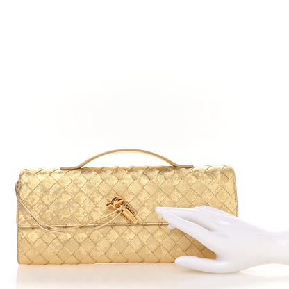 Bottega Veneta Metallic Satin Lambskin Intrecciato Long Andiamo Top Handle Clutch Gold 2 of 10