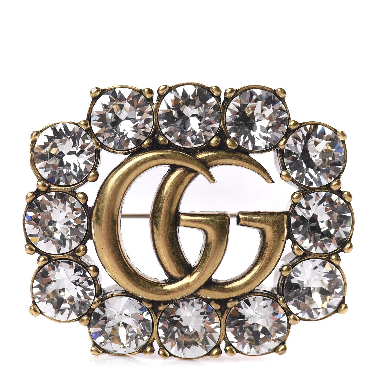 Gucci Metal Crystal Double G Brooch Aged Gold 1 of 3