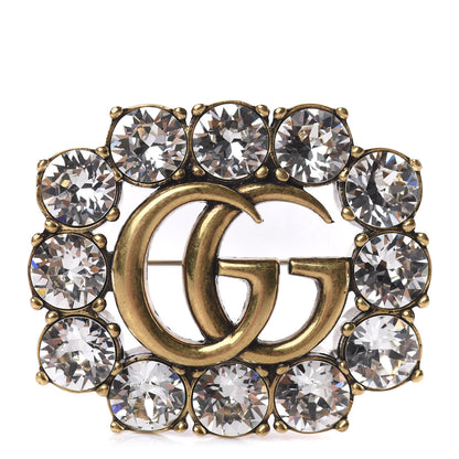 Gucci Metal Crystal Double G Brooch Aged Gold 1 of 3