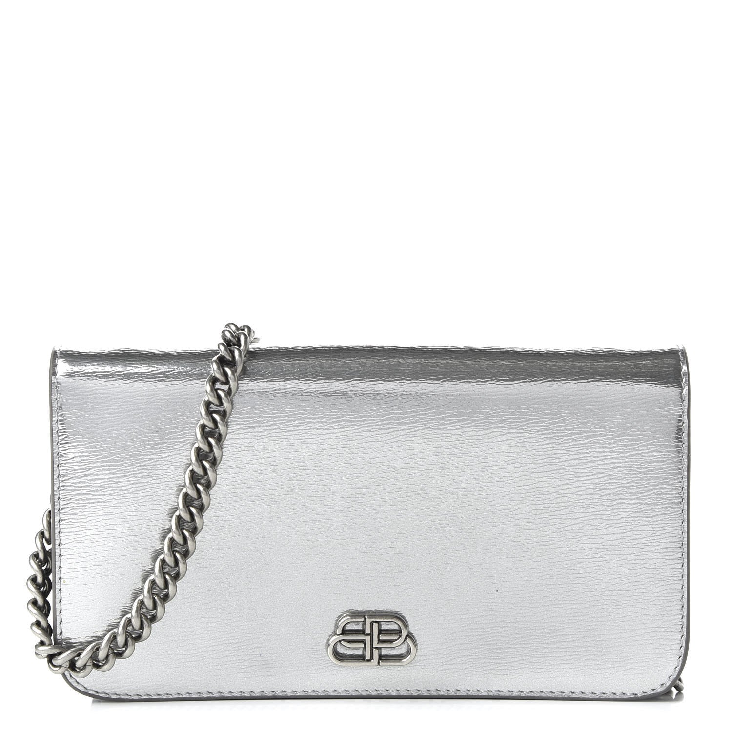 Balenciaga Metallic Grained Calfskin BB Phone Holder Wallet On Chain Silver 1 of 10